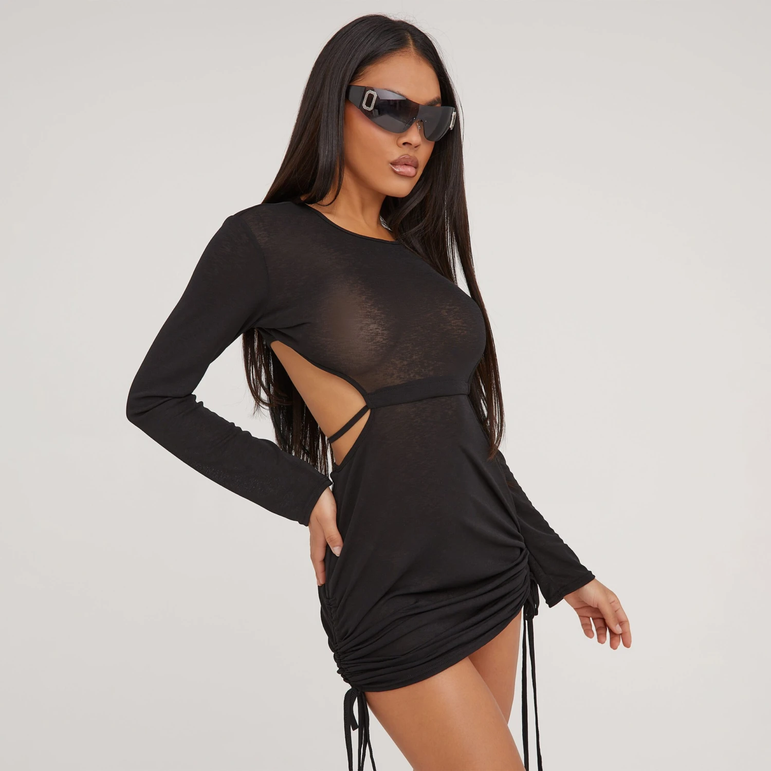 EGO Long Sleeve Cut Out Ruched Detail Mini Dress In Black Knit 3 EGO Long Sleeve Cut Out Ruched Detail Mini Dress In Black Knit