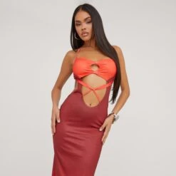 EGO Halterneck Strappy Cut Out Open Back Detail Midaxi Dress In Red Ombre -Sperrryego Store 18 04 23 jul86666 sq