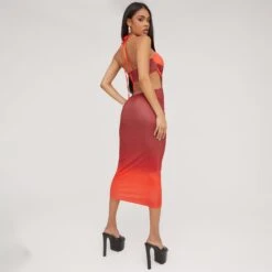 EGO Halterneck Strappy Cut Out Open Back Detail Midaxi Dress In Red Ombre -Sperrryego Store 18 04 23 jul86675 sq