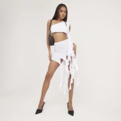 EGO High Waist Frill Detail Mini Skirt In White Slinky