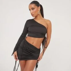 EGO One Sleeve Ruched Wrap Detail Crop Top In Black Slinky