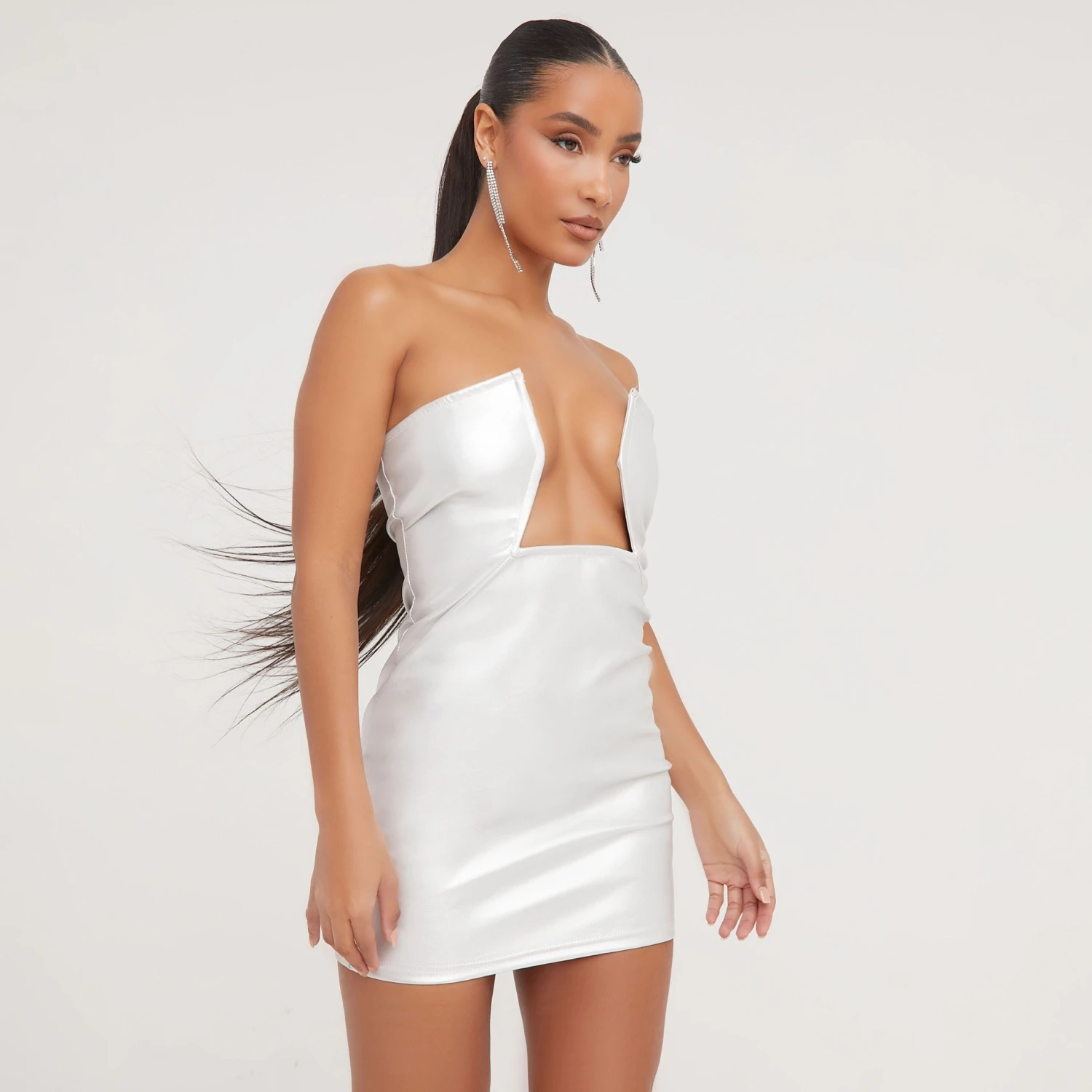EGO Strapless Cut Out Detail Mini Bodycon Dress In Silver Metallic 6 EGO Strapless Cut Out Detail Mini Bodycon Dress In Silver Metallic - Image 4