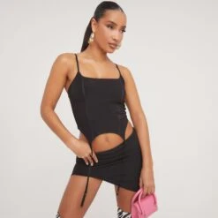 EGO Thin Straps Suspender Detail Crop Top In Black Slinky