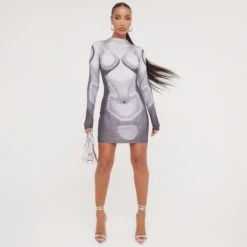 EGO Long Sleeve High Neck Body Print Detail Mini Bodycon Dress In Black And Grey -Sperrryego Store 19 01 23 ming48530 s