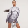 EGO Long Sleeve High Neck Body Print Detail Mini Bodycon Dress In Black And Grey