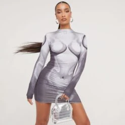 EGO Long Sleeve High Neck Body Print Detail Mini Bodycon Dress In Black And Grey