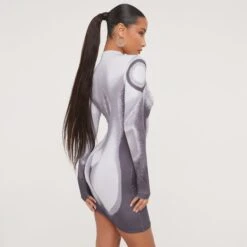 EGO Long Sleeve High Neck Body Print Detail Mini Bodycon Dress In Black And Grey -Sperrryego Store 19 01 23 ming48546 s