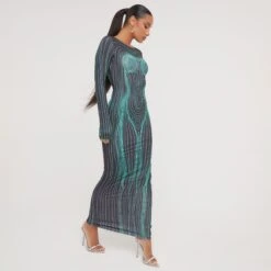 EGO Long Sleeve Strap Back Detail Body Print Maxi Bodycon Dress In Black And Green Slinky