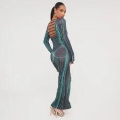 EGO Long Sleeve Strap Back Detail Body Print Maxi Bodycon Dress In Black And Green Slinky -Sperrryego Store 19 01 23 ming48572 s