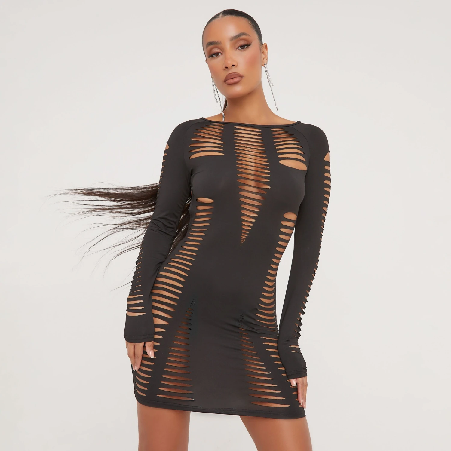 EGO Long Sleeve Extreme Cut Out Ladder Detail Open Back Mini Bodycon Dress In Black Slinky 4 EGO Long Sleeve Extreme Cut Out Ladder Detail Open Back Mini Bodycon Dress In Black Slinky - Image 2