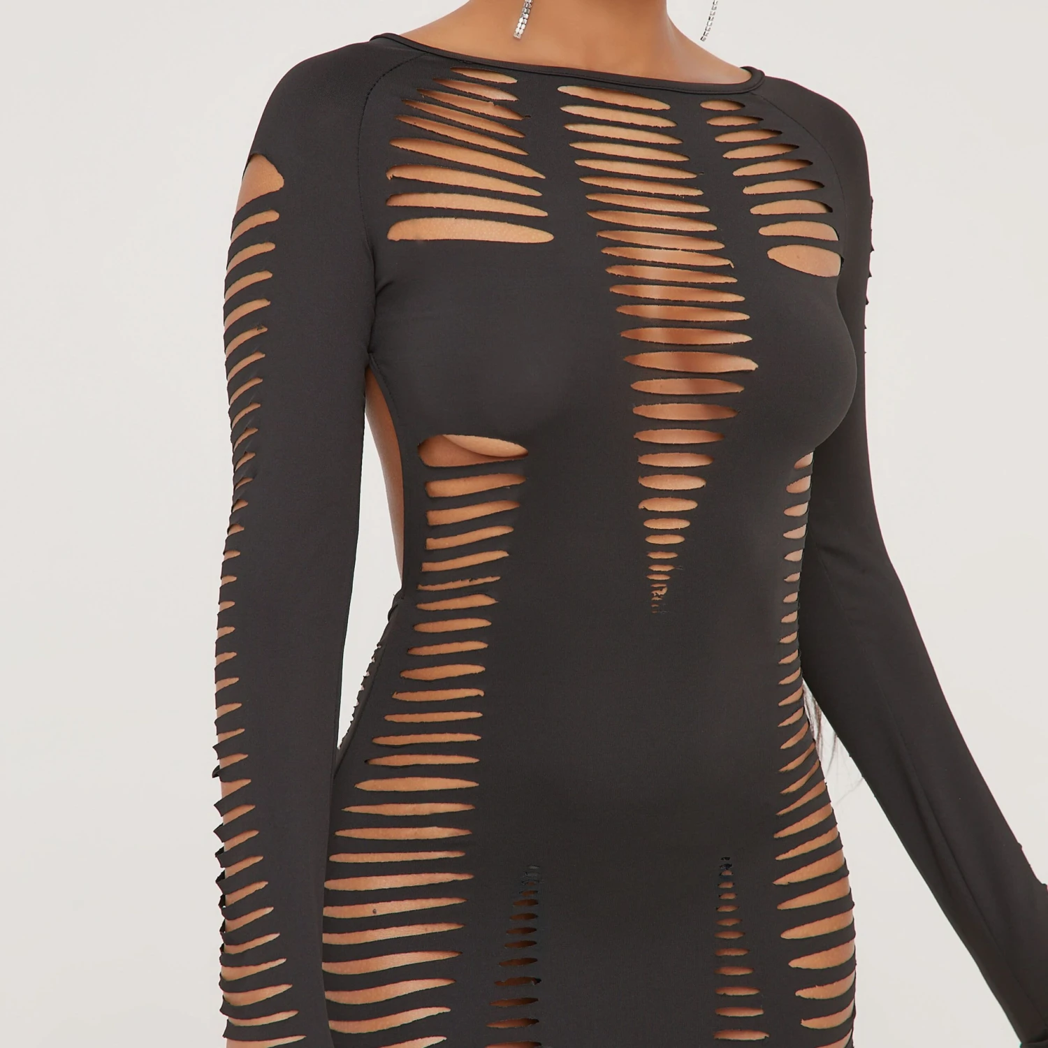 EGO Long Sleeve Extreme Cut Out Ladder Detail Open Back Mini Bodycon Dress In Black Slinky 5 EGO Long Sleeve Extreme Cut Out Ladder Detail Open Back Mini Bodycon Dress In Black Slinky - Image 3