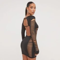 EGO Long Sleeve Extreme Cut Out Ladder Detail Open Back Mini Bodycon Dress In Black Slinky