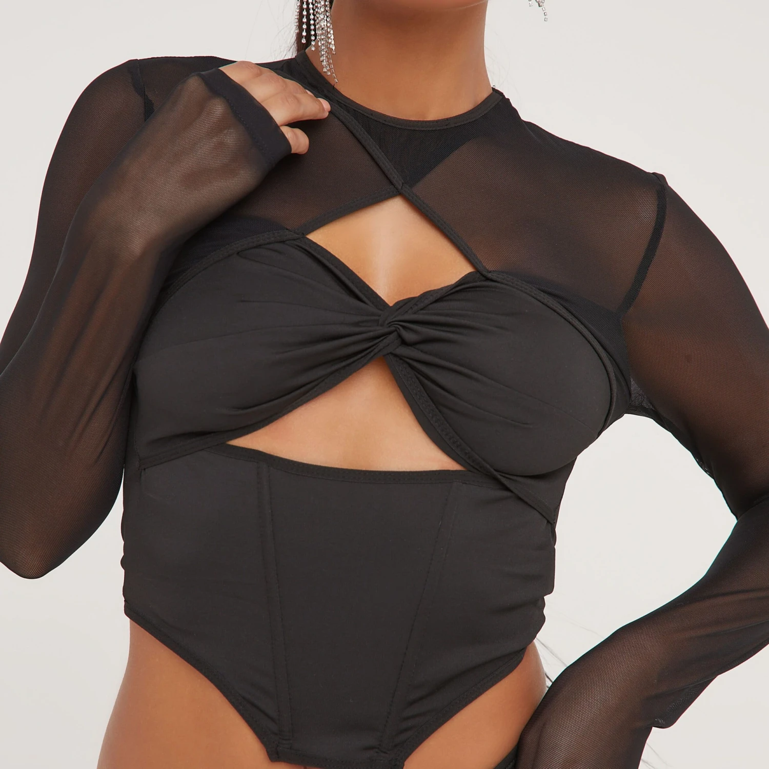 EGO Long Sleeve Cut Out Knot Detail Dipped Hem Top In Black Mesh 4 EGO Long Sleeve Cut Out Knot Detail Dipped Hem Top In Black Mesh - Image 2
