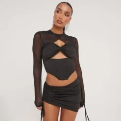 EGO Long Sleeve Cut Out Knot Detail Dipped Hem Top In Black Mesh