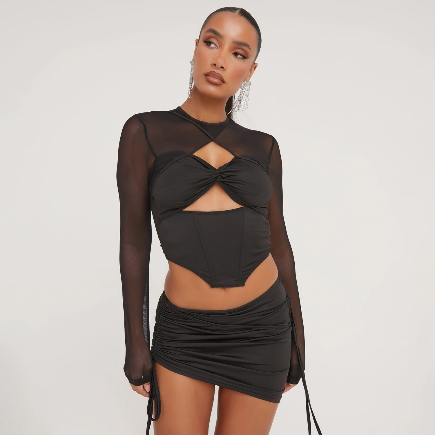 EGO Long Sleeve Cut Out Knot Detail Dipped Hem Top In Black Mesh 3 EGO Long Sleeve Cut Out Knot Detail Dipped Hem Top In Black Mesh