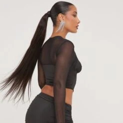 EGO Long Sleeve Cut Out Knot Detail Dipped Hem Top In Black Mesh 8 EGO Long Sleeve Cut Out Knot Detail Dipped Hem Top In Black Mesh -Sperrryego Store 19 01 23 ming49147 s