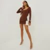 EGO Low Scoop Neckline Long Split Flared Sleeve Mini Bodycon Dress In Brown Ribbed -Sperrryego Store 20 10 22 annab13673