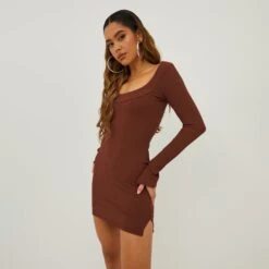 EGO Low Scoop Neckline Long Split Flared Sleeve Mini Bodycon Dress In Brown Ribbed -Sperrryego Store 20 10 22 annab13691