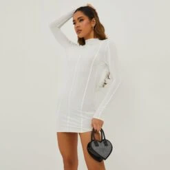 EGO High Neck Long Sleeve Feather Trim Open Back Detail Mini Bodycon Dress In White Slinky -Sperrryego Store 20 10 22 annab14444