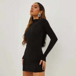 EGO High Neck Long Sleeve Feather Trim Open Back Detail Mini Bodycon Dress In Black Slinky -Sperrryego Store 20 10 22 annab14981