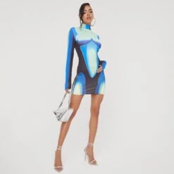 EGO High Neck Long Sleeve Body Heat Printed Detail Mini Bodycon Dress In Blue -Sperrryego Store 20 12 22 jul37380 copy 2