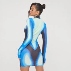 EGO High Neck Long Sleeve Body Heat Printed Detail Mini Bodycon Dress In Blue -Sperrryego Store 20 12 22 jul37399 copy 2