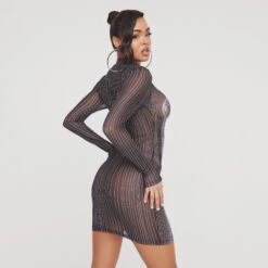 EGO High Neck Long Sleeve Bodying Detail Mini Bodycon Dress In Black Mesh -Sperrryego Store 20 12 22 jul37566 copy 2