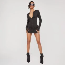 EGO Long Sleeve Zip Up Detail Super Stretch Mini Bodycon Dress In Black -Sperrryego Store 20 12 22 jul37984 s2