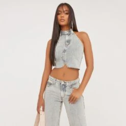 EGO High Neck Sleeveless Raw Hem Detail Cropped Top In Light Blue Denim