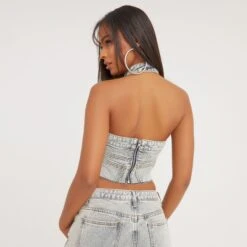 EGO High Neck Sleeveless Raw Hem Detail Cropped Top In Light Blue Denim -Sperrryego Store 21 02 23 pam60933 s