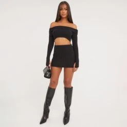 EGO Long Sleeve Bardot Fold Over Detail Crop Top In Black Ribbed Knit 9 EGO Long Sleeve Bardot Fold Over Detail Crop Top In Black Ribbed Knit -Sperrryego Store 21 02 23 pam61205 s