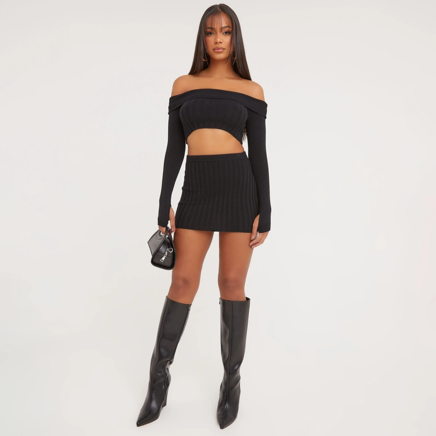 EGO Long Sleeve Bardot Fold Over Detail Crop Top In Black Ribbed Knit 6 EGO Long Sleeve Bardot Fold Over Detail Crop Top In Black Ribbed Knit - Image 4
