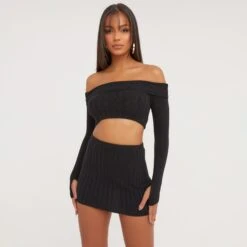 EGO Long Sleeve Bardot Fold Over Detail Crop Top In Black Ribbed Knit