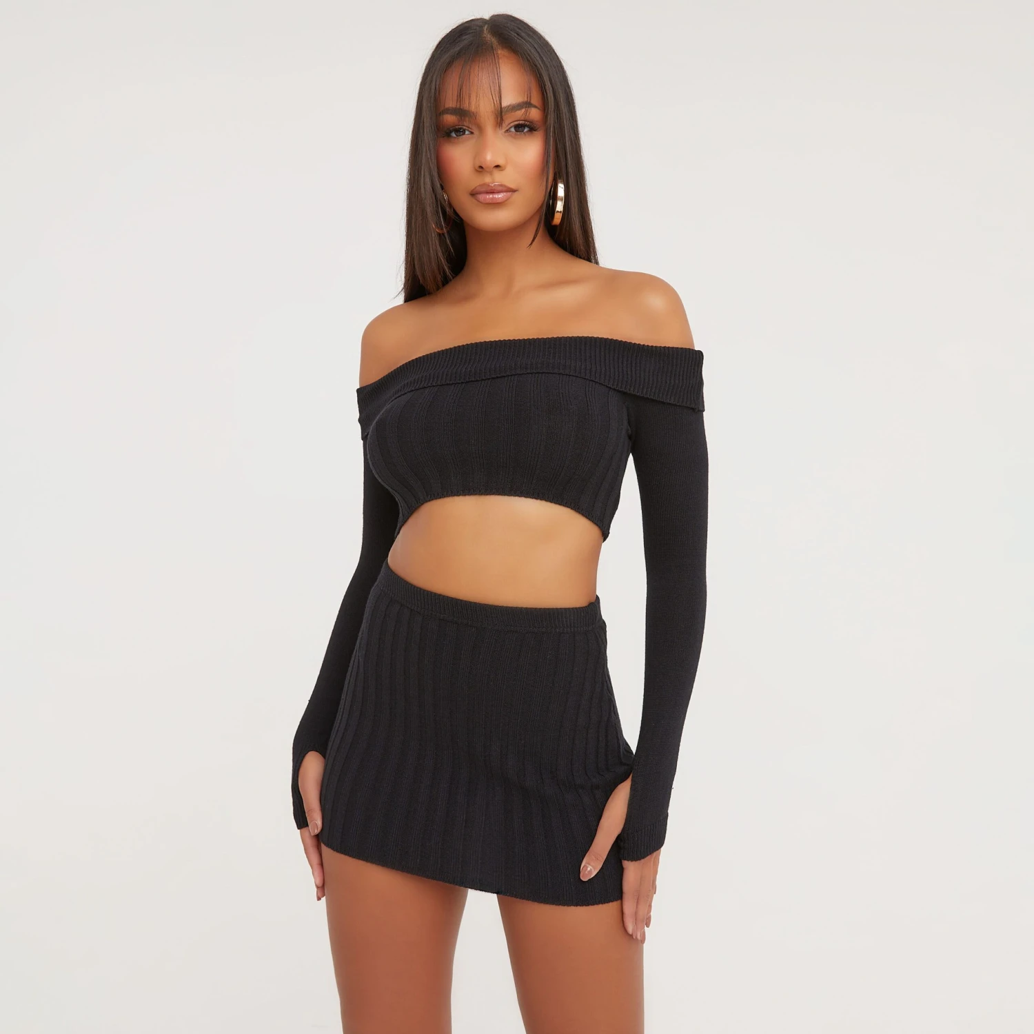 EGO Long Sleeve Bardot Fold Over Detail Crop Top In Black Ribbed Knit 3 EGO Long Sleeve Bardot Fold Over Detail Crop Top In Black Ribbed Knit