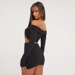 EGO Long Sleeve Bardot Fold Over Detail Crop Top In Black Ribbed Knit 8 EGO Long Sleeve Bardot Fold Over Detail Crop Top In Black Ribbed Knit -Sperrryego Store 21 02 23 pam61229 s