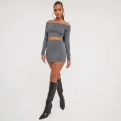 EGO Long Sleeve Bardot Fold Over Crop Top In Grey Knit -Sperrryego Store 21 02 23 pam61322 s