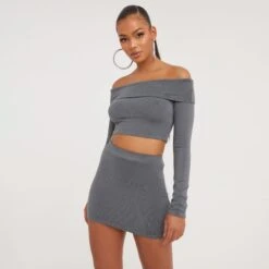 EGO Long Sleeve Bardot Fold Over Crop Top In Grey Knit