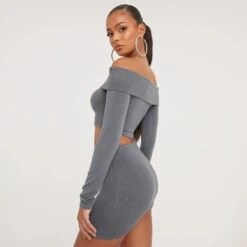EGO Long Sleeve Bardot Fold Over Crop Top In Grey Knit -Sperrryego Store 21 02 23 pam61338 s