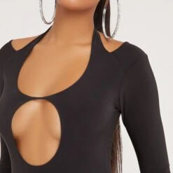 EGO Long Sleeve Halterneck Plunge Front Cut Out Detail Mini Bodycon Dress In Black Slinky -Sperrryego Store 21 02 23 pam61422 s