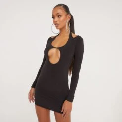EGO Long Sleeve Halterneck Plunge Front Cut Out Detail Mini Bodycon Dress In Black Slinky -Sperrryego Store 21 02 23 pam61423 s