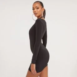 EGO Long Sleeve Halterneck Plunge Front Cut Out Detail Mini Bodycon Dress In Black Slinky -Sperrryego Store 21 02 23 pam61429 s