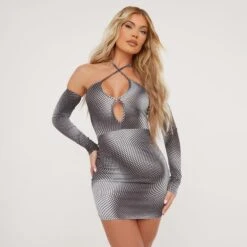EGO Halterneck Cut Out Detail Mono Print Mini Bodycon Dress In Multi Slinky -Sperrryego Store 21 03 23 em70565 s