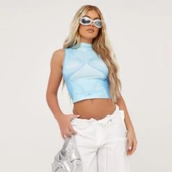 EGO High Neck Sleeveless Body Print Cropped Vest In Blue
