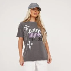 EGO Saint Sinner Graphic Print T-Shirt In Grey