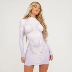 EGO Long Sleeve High Neck Body Print Mini Bodycon Dress In Lilac Multi