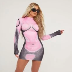 EGO Long Sleeve High Neck Body Print Mini Bodycon Dress In Pink Multi