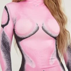 EGO Long Sleeve High Neck Body Print Mini Bodycon Dress In Pink Multi -Sperrryego Store 21 03 23 em70884 s