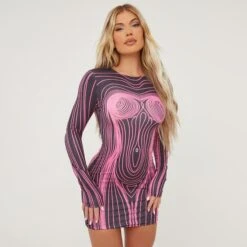 EGO Long Sleeve Contrast Body Print Mini Bodycon Dress In Pink