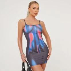 EGO Strappy Square Neck Body Print Mini Bodycon Dress In Pink Multi