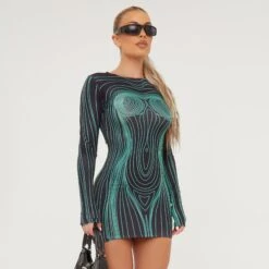 EGO Long Sleeve Contrast Body Print Mini Bodycon Dress In Green